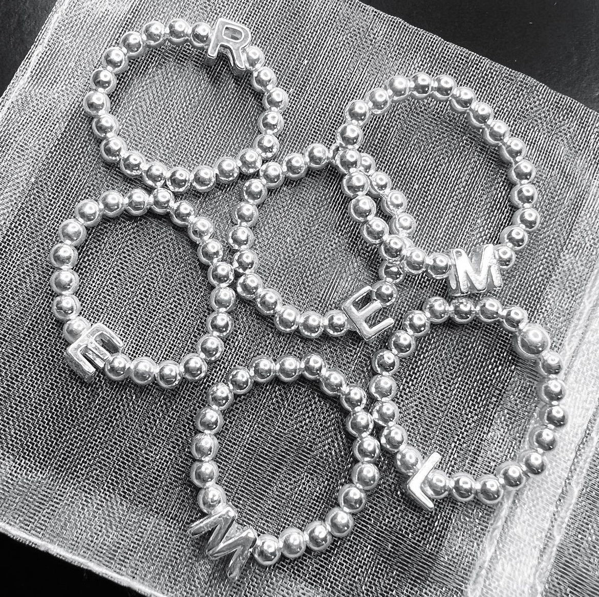 Sterling Silver Beaded Initial Ring